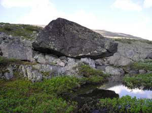 Камень, оставленный на краю скалы ледником. Фото В.Мизина.